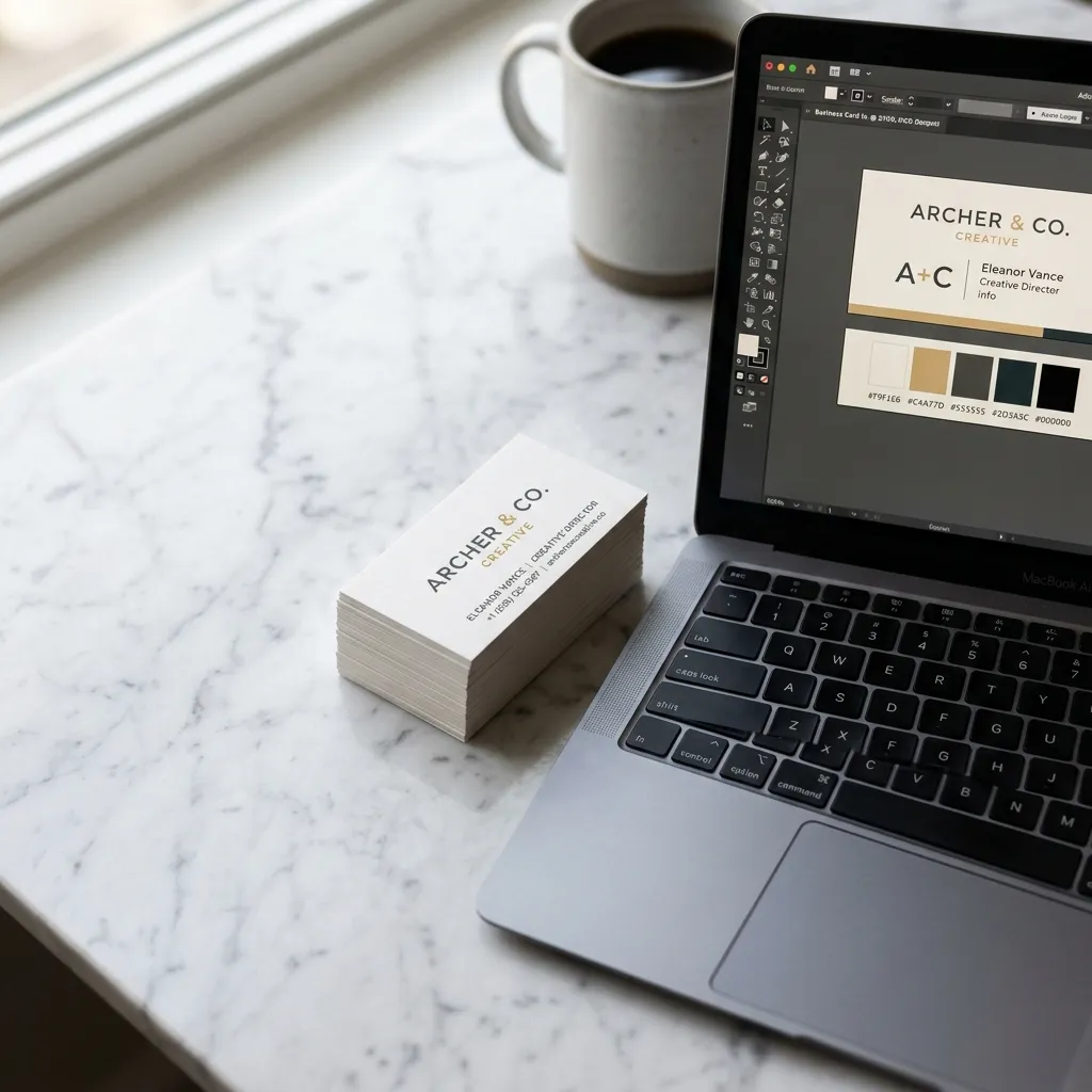 Stack of freshly printed business cards next to a laptop showing design software