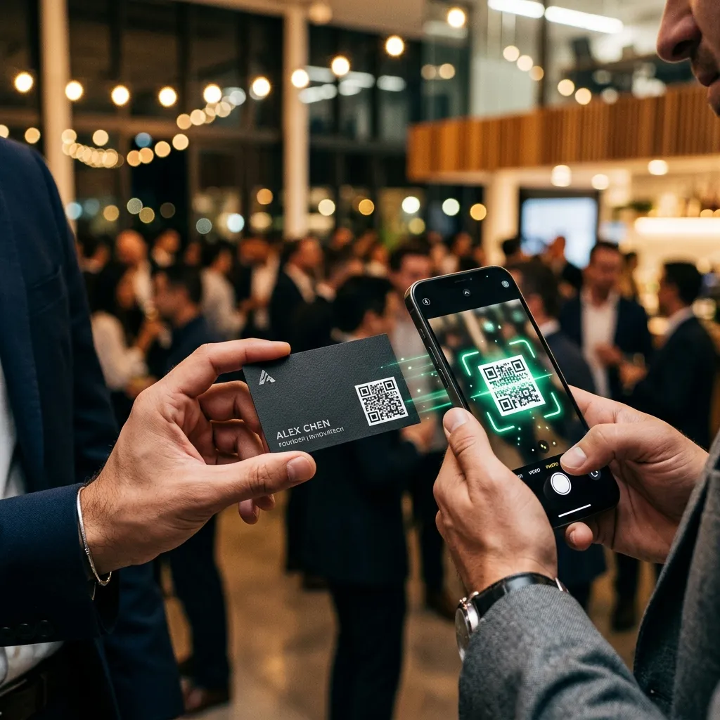 Person scanning a business card QR code at a networking event