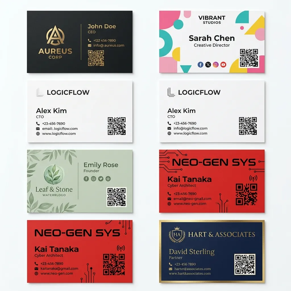 Business card template gallery showing diverse professional designs